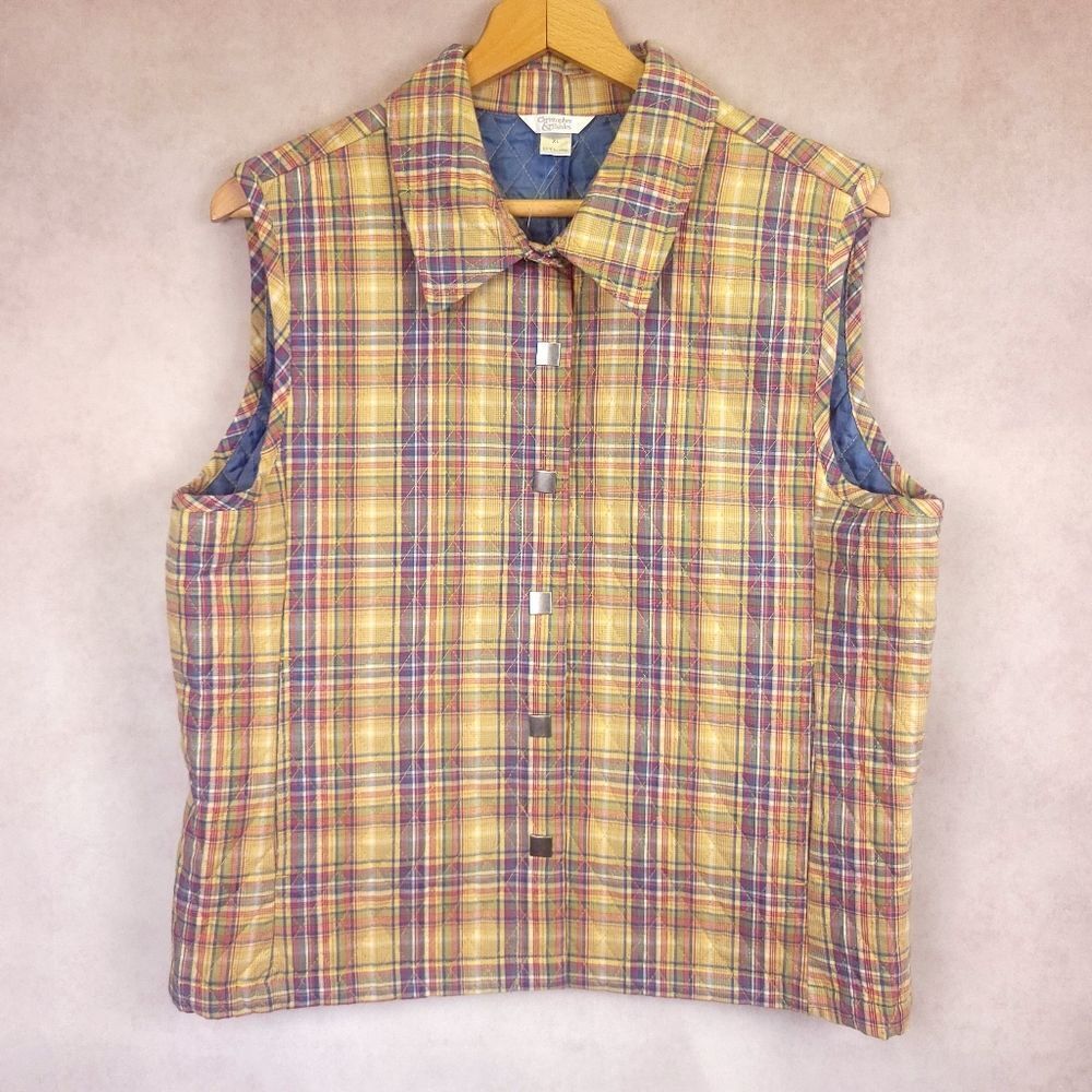 Christopher & Banks Yellow Blue Red Plaid Quilted Vest Size XL